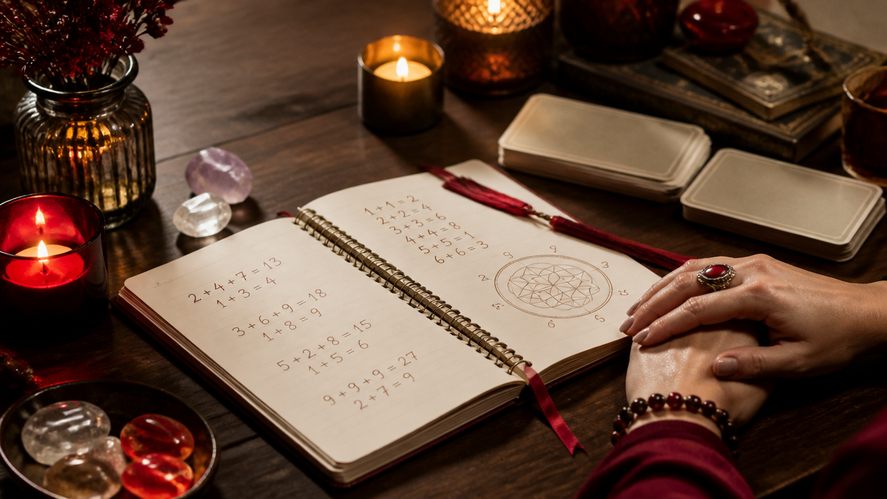 Caderno com números, velas e cristais em uma mesa, representando a numerologia e o autoconhecimento