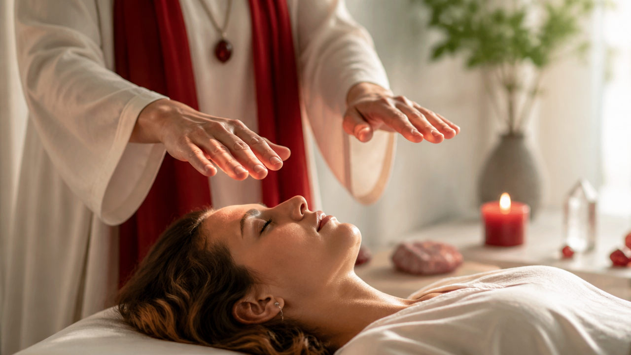 Terapeuta aplicando reiki com as mãos sobre uma pessoa deitada em ambiente calmo e acolhedor