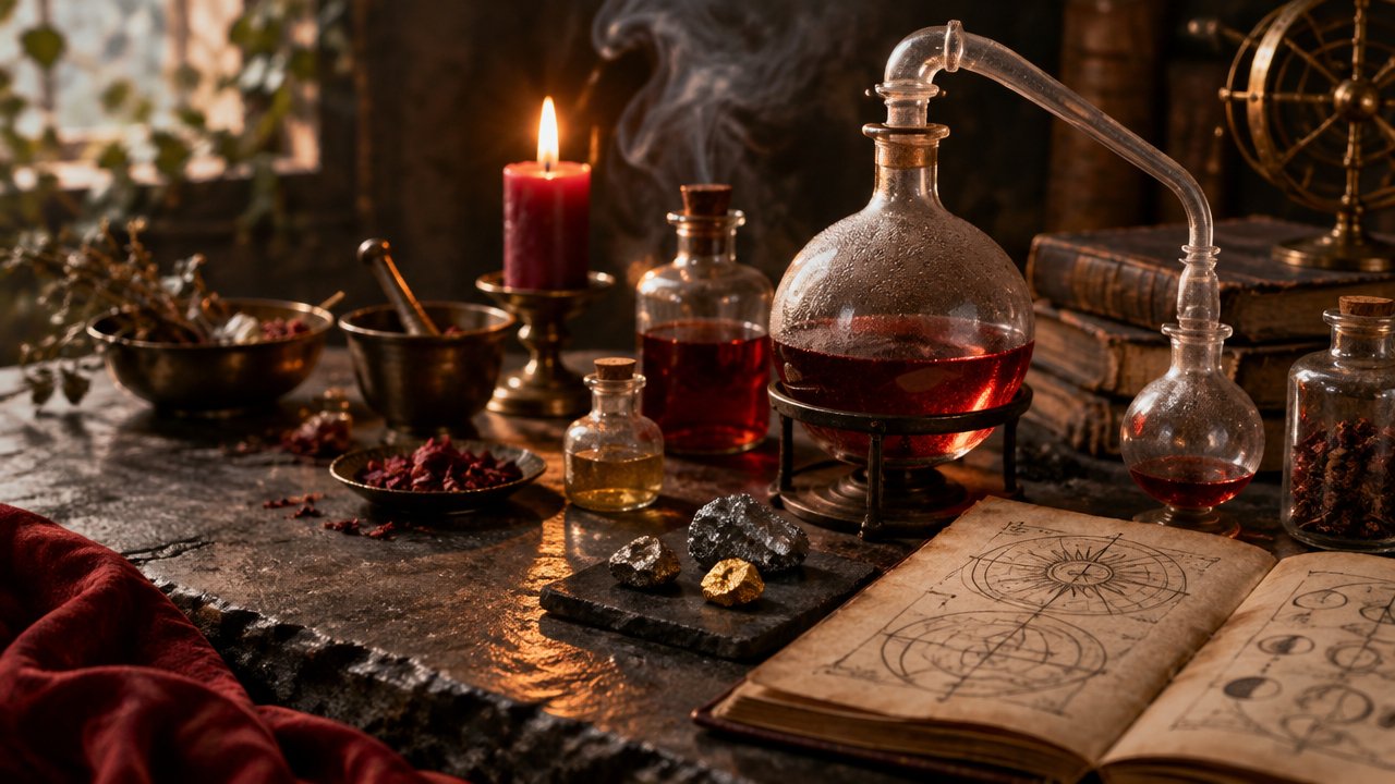 Alambique de vidro, manuscrito simbólico e fragmentos metálicos em uma composição sobre alquimia espiritual