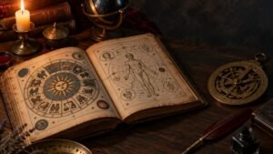 Almanaque astrológico antigo aberto sobre uma mesa com roda zodiacal e astrolábio de latão