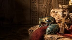 Amuletos egípcios antigos, incluindo escaravelho, olho wedjat e ankh, sobre linho e pedra