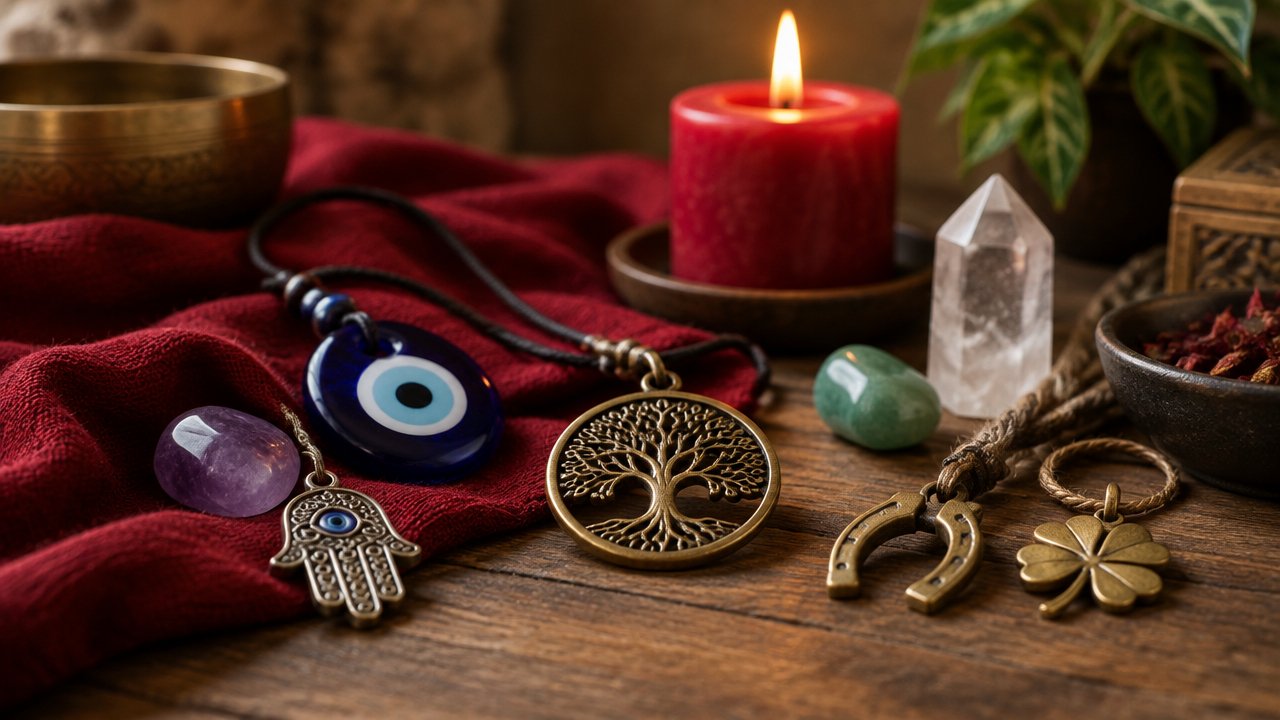 Mão segurando um pingente artesanal junto a uma pedra e um ramo, em composição contemplativa sobre amuletos