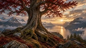 Árvore monumental inspirada em Yggdrasil diante de fiordes e montanhas enevoadas, em uma paisagem nórdica ao amanhecer.