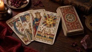 Baralho antigo do Tarot de Marselha aberto sobre uma mesa de madeira