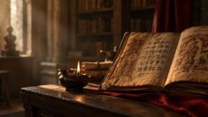 Códice antigo aberto sob luz suave, evocando os textos e a busca espiritual associados ao gnosticismo.