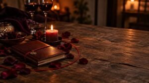 Composição simbólica com vela, caderno ritualístico e fio vermelho sobre uma mesa, evocando espiritualidade e intenção.