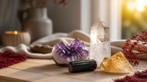 Cristais naturais variados organizados sobre uma superfície clara em ambiente acolhedor