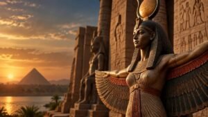 Estátua inspirada na deusa Ísis diante de hieróglifos e pirâmides ao entardecer, evocando a mitologia do Egito Antigo.