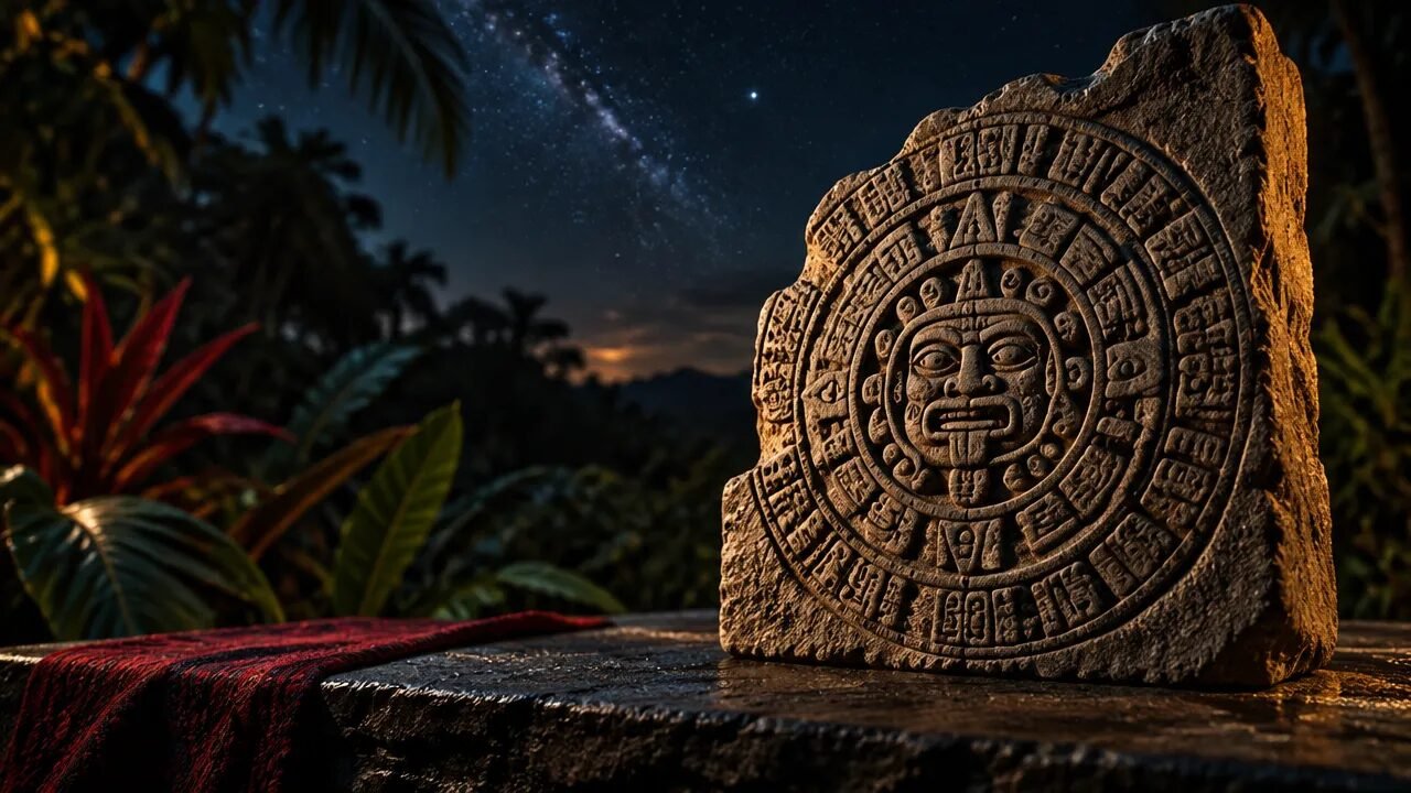 Estela de pedra com padrões calendáricos maias sob um céu noturno estrelado