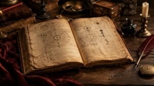 Grimório manuscrito antigo aberto sobre mesa de madeira, com páginas de símbolos e diagramas sob luz suave