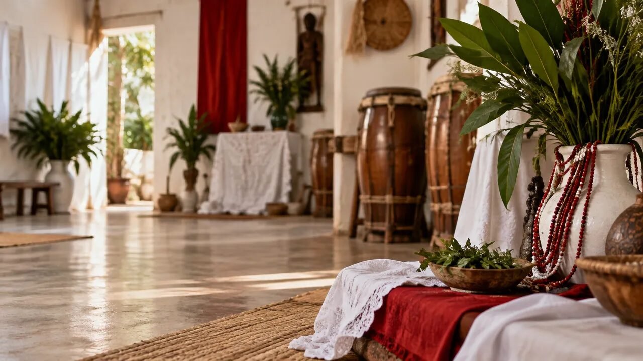 Interior sereno de um terreiro afro-brasileiro com atabaques, folhas e tecidos claros, evocando a história e a tradição do Candomblé