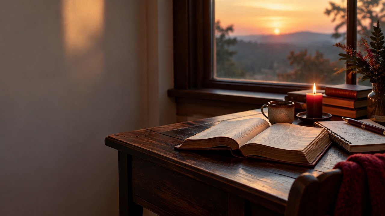 Livro aberto e caderno sobre uma mesa à luz suave, em uma cena contemplativa sobre espiritismo
