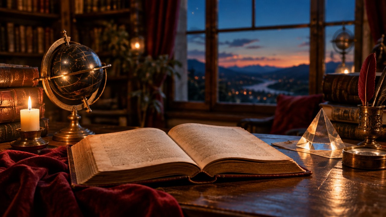 Livro antigo aberto, globo celeste e prisma de vidro em uma mesa, compondo uma cena de estudo espiritual e filosófico