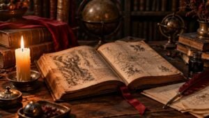 Livro antigo aberto sobre uma mesa de estudo, com vela e gravuras históricas que evocam a pesquisa sobre demonologia.