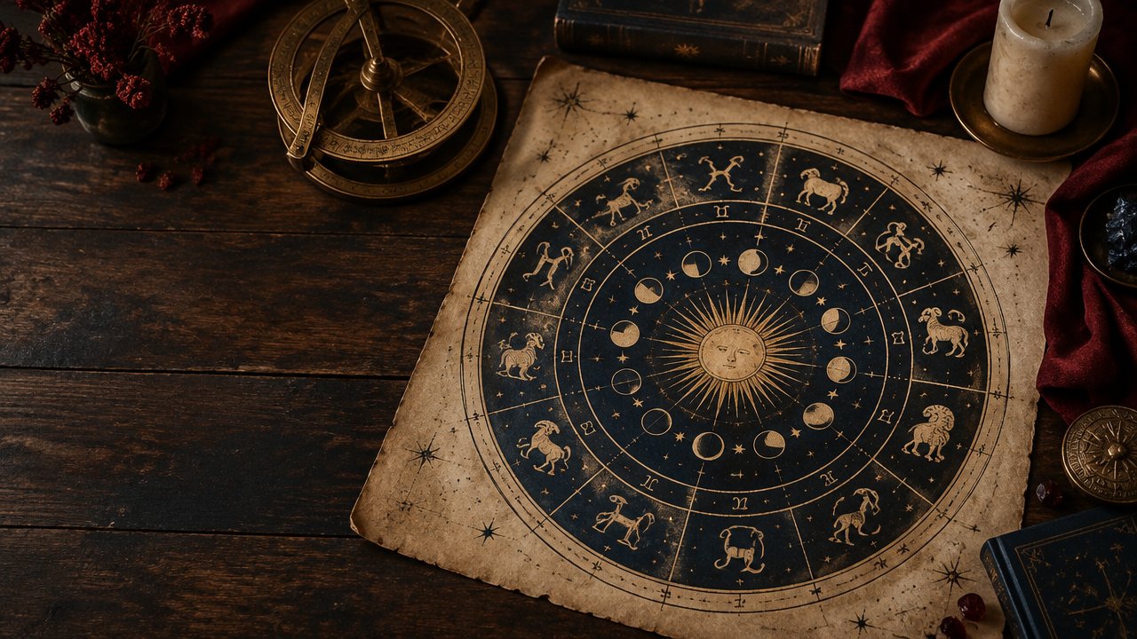 Mandala astrológica sobre uma mesa escura com símbolos zodiacais e instrumentos de observação celeste
