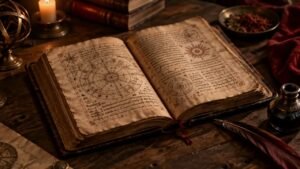 Manuscrito antigo aberto com diagramas circulares e pena sobre uma mesa escura, evocando o estudo histórico da Goécia.