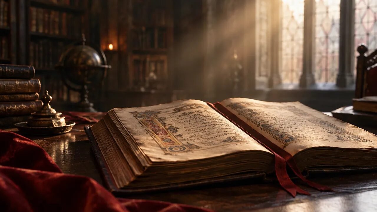 Manuscrito antigo aberto em uma biblioteca iluminada, evocando o estudo histórico e teológico dos anjos.