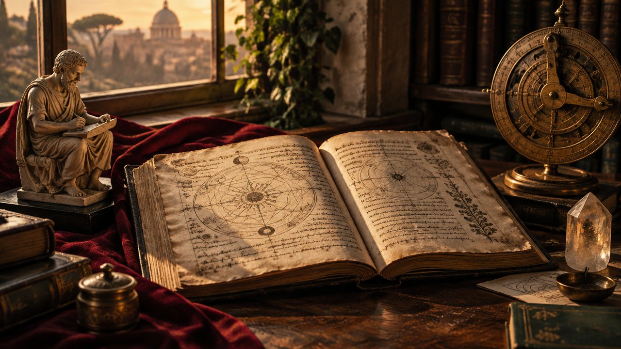 Manuscrito antigo, astrolábio e símbolos discretos em uma mesa, representando a tradição hermética.