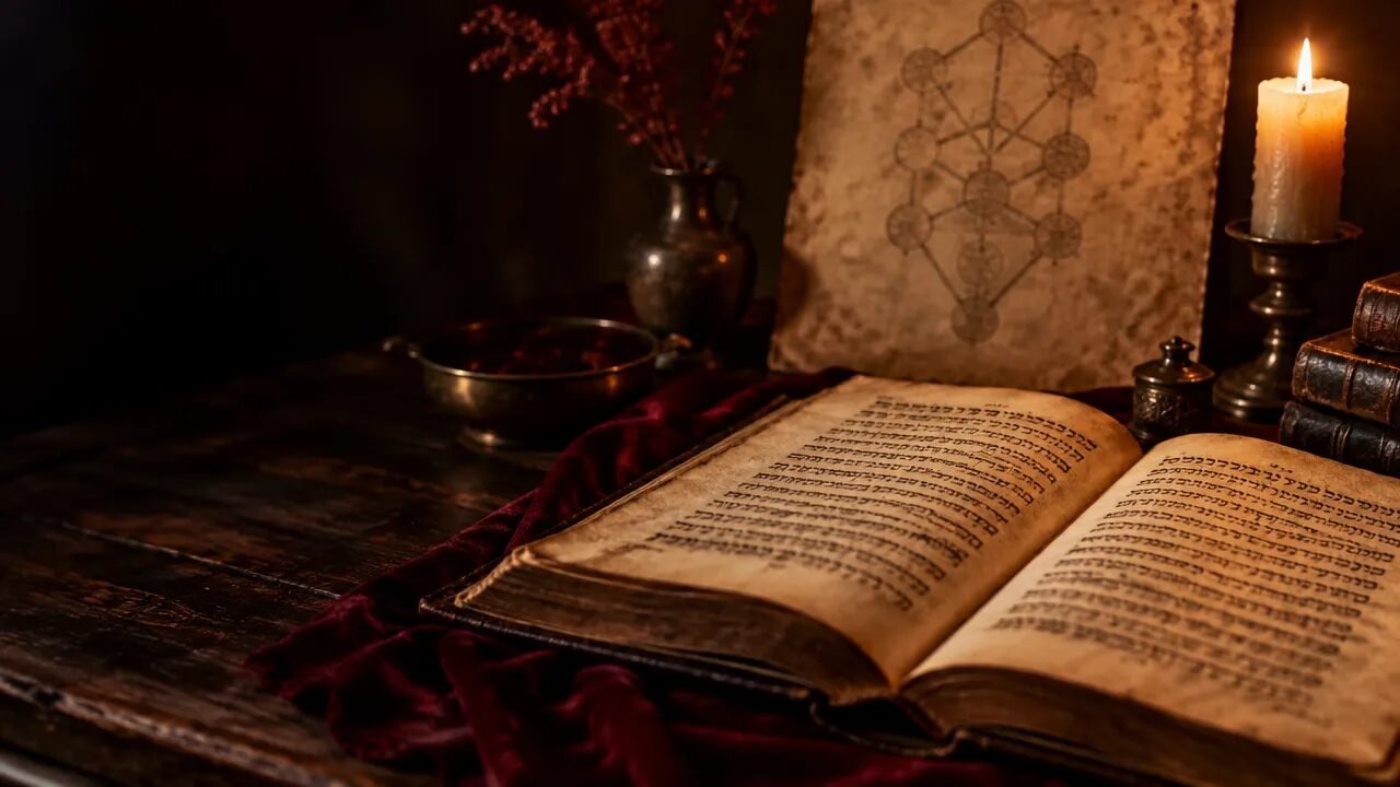 Manuscrito antigo e diagrama simbólico da Árvore da Vida sobre uma mesa, em composição mística e acolhedora