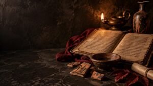 Manuscrito antigo, lamparina e cerâmica sobre mesa escura evocam a história da necromancia