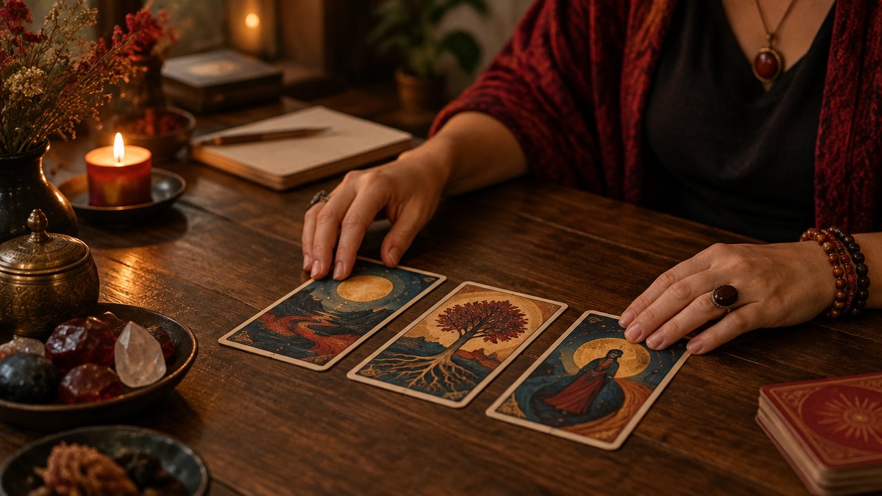 Mãos organizando três cartas de Tarot sobre uma mesa durante uma leitura