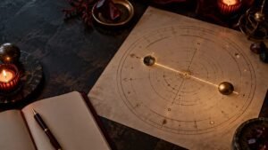 Mapa astral circular com esfera lunar sobre uma mesa escura, evocando os nodos e a astrologia dracônica