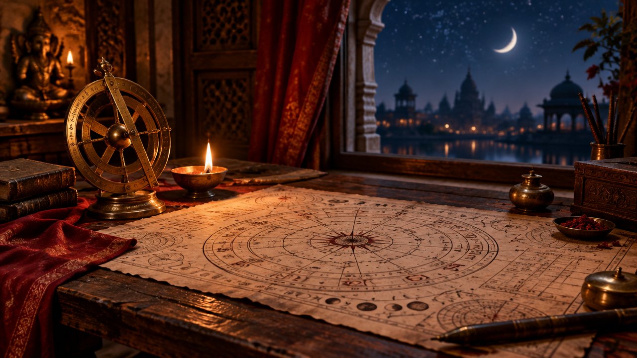 Mapa celeste tradicional sobre uma mesa, com instrumentos de observação e céu estrelado ao fundo