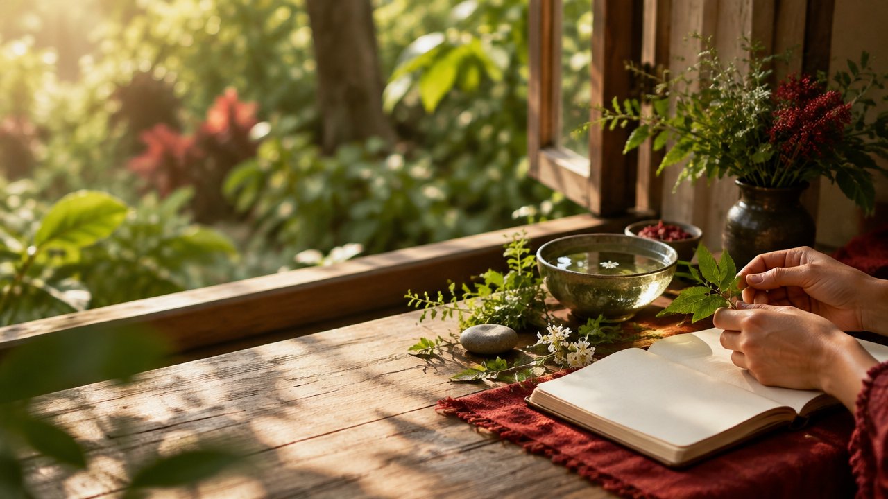 Mesa com folhas, pedra e caderno junto a um jardim, evocando a conexão simbólica da magia natural com a natureza