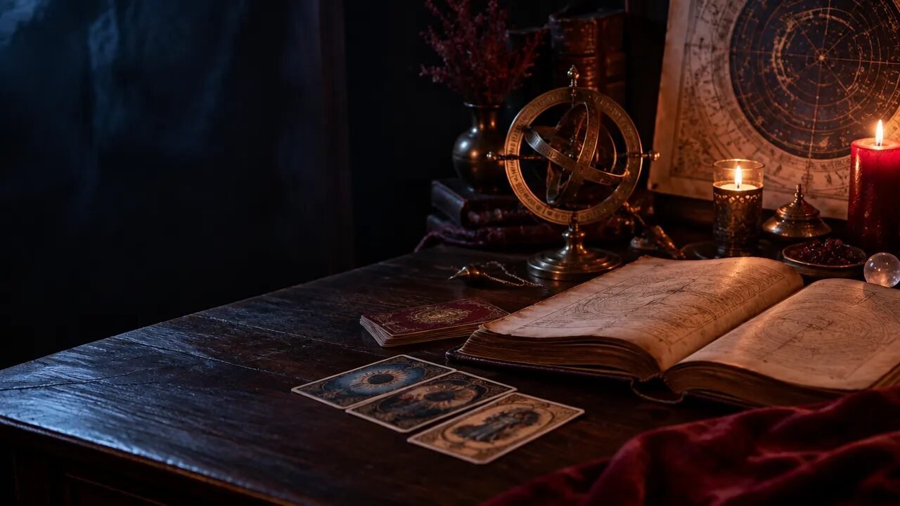 Mesa de estudo com livro antigo, cartas de Tarot e astrolábio, representando os caminhos do ocultismo