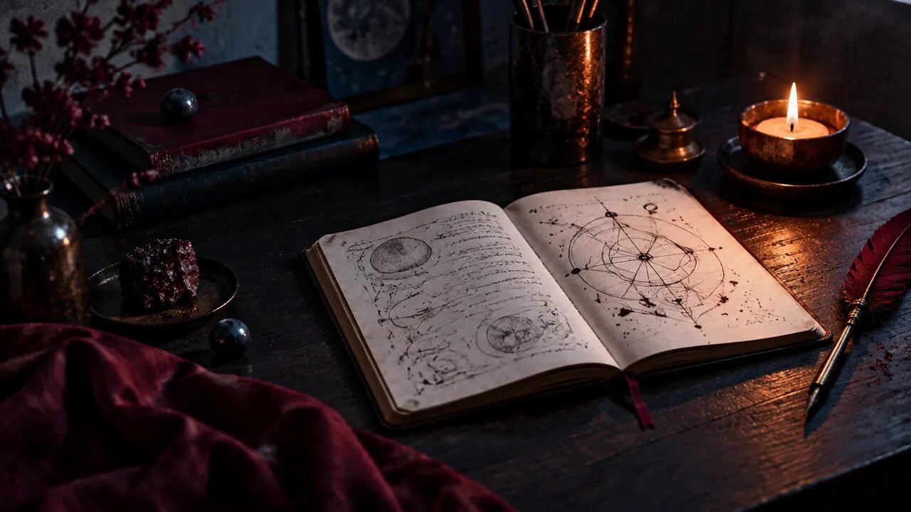 Mesa ritualística com caderno de símbolos abstratos e vela, representando a magia do caos como prática de intenção e experimentação