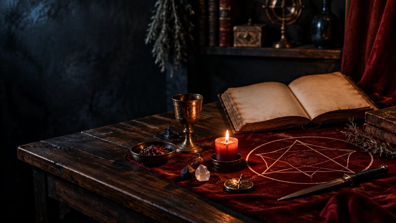 Mesa ritualística com livro antigo, vela e símbolos discretos em uma cena contemplativa sobre magia cerimonial.