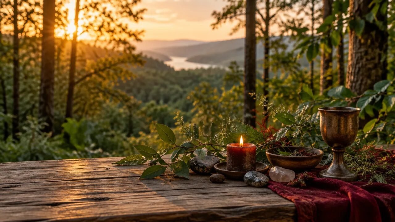 Mesa ritualística simples com vela, folhas e pedras diante de uma floresta ao entardecer, evocando caminhos espirituais ligados à natureza.