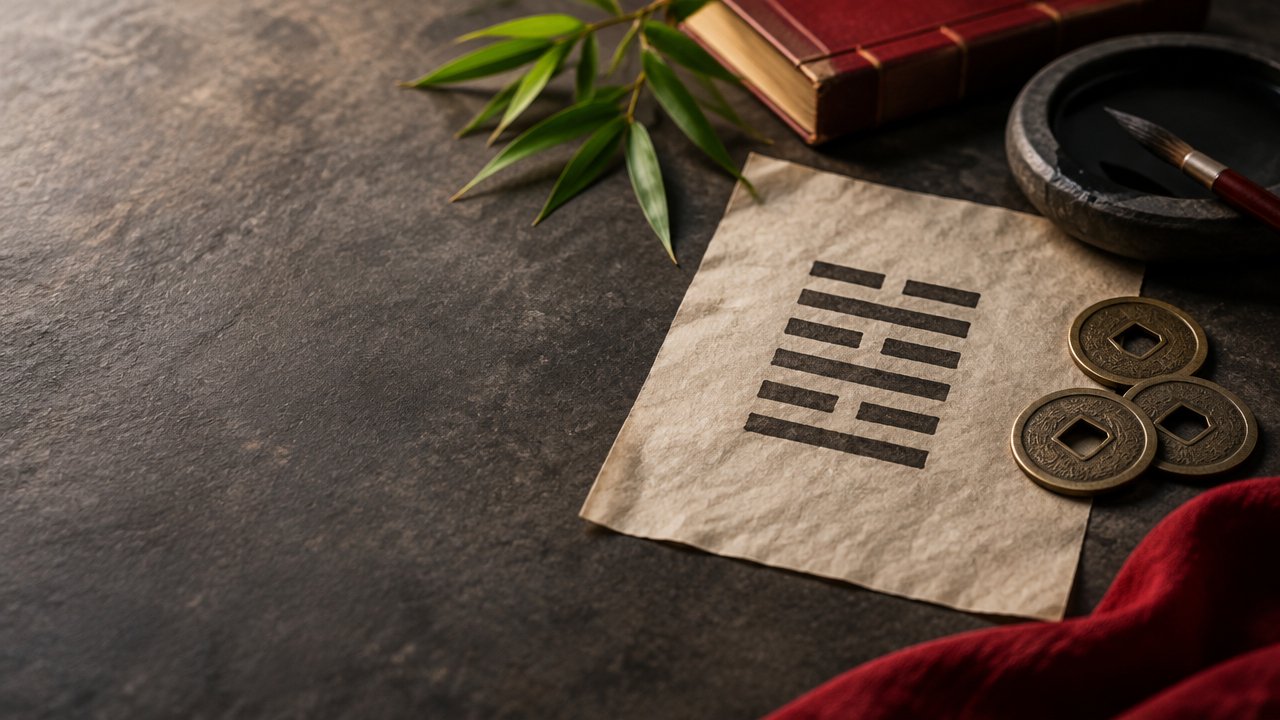 Moedas antigas e um hexagrama sobre papel de arroz, em uma composição serena inspirada no I Ching