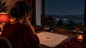 Mulher observa um mapa astral à luz suave de uma janela noturna, em clima de reflexão e autoconhecimento.