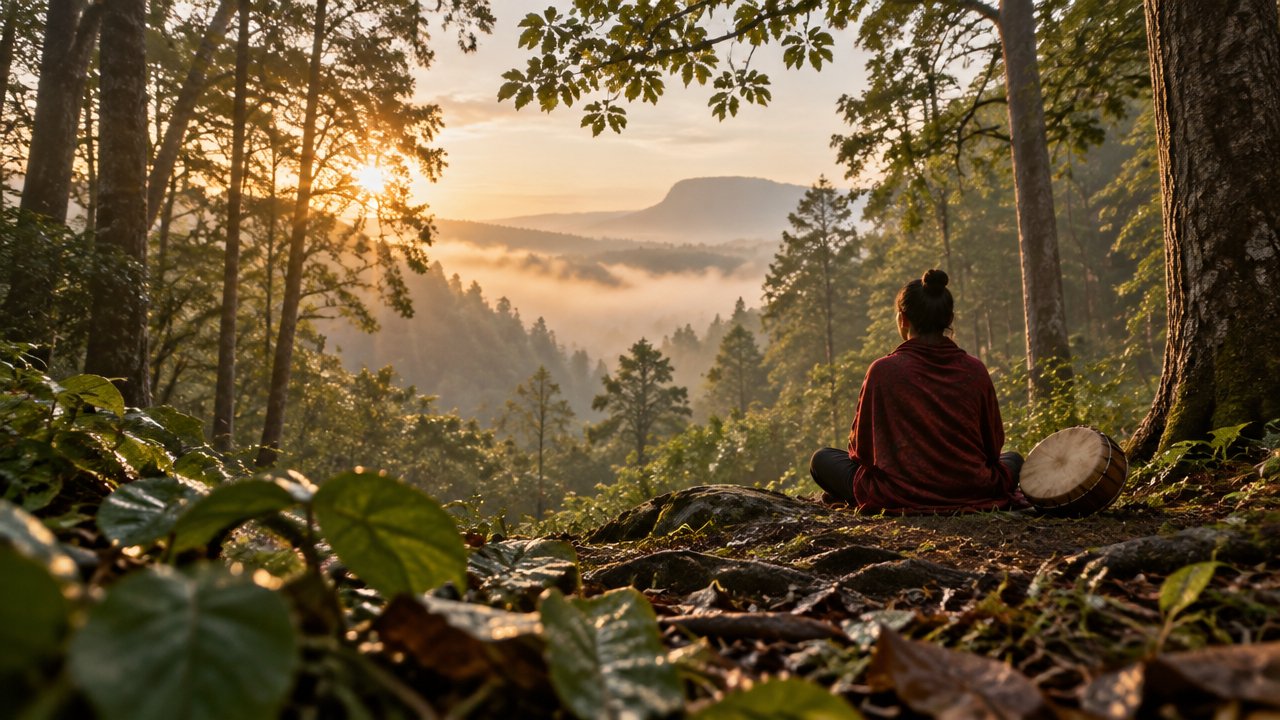 Pessoa em contemplação numa clareira de floresta ao amanhecer, com um tambor simples ao lado