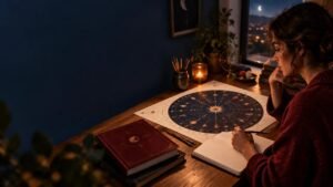 Pessoa refletindo diante de um mapa astral aberto, com caderno para anotações em ambiente acolhedor