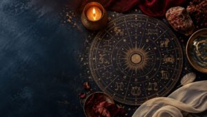 Roda zodiacal cercada por símbolos dos quatro elementos em uma composição mística e sofisticada