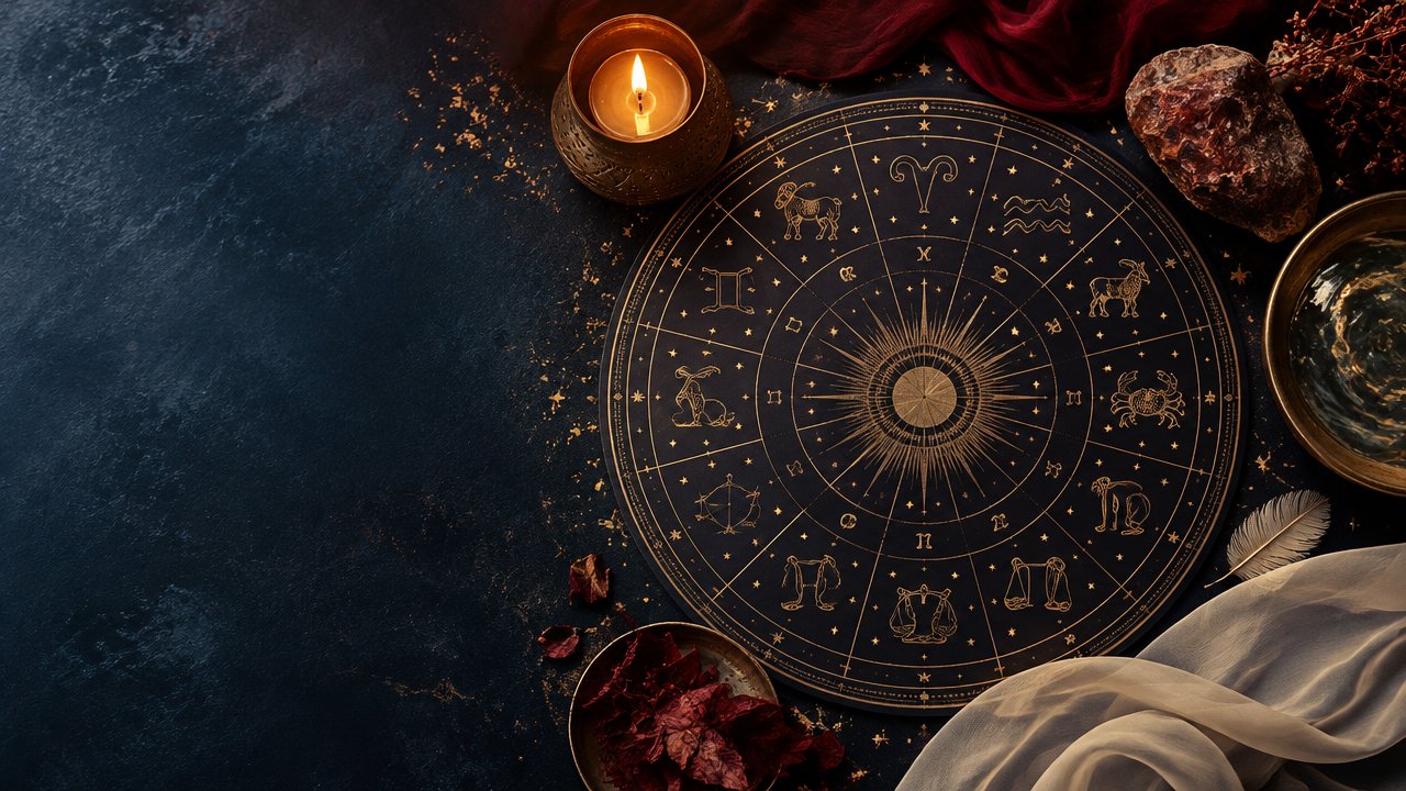 Roda zodiacal cercada por símbolos dos quatro elementos em uma composição mística e sofisticada