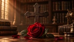 Rosa vermelha diante de uma cruz de madeira e livros antigos, evocando o simbolismo rosacruz.