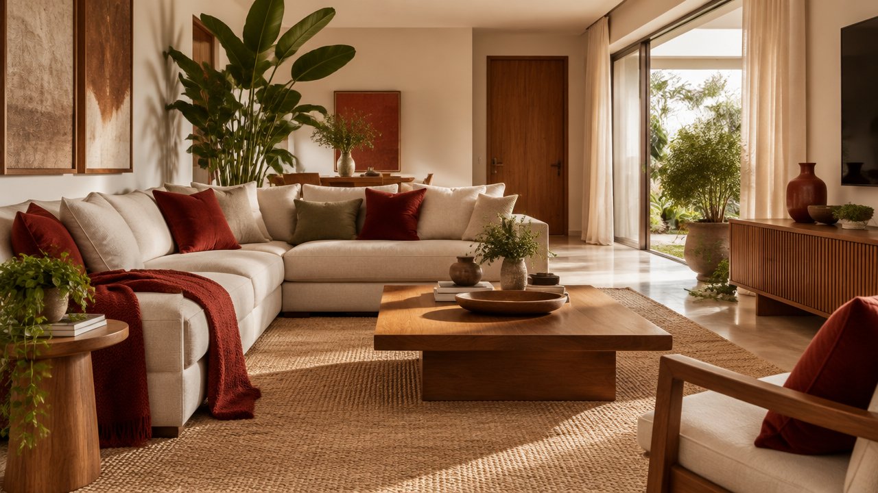 Sala de estar organizada com luz natural, madeira e plantas, inspirada na harmonia do feng shui