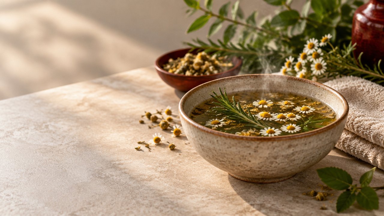Tigela com infusão de ervas, alecrim e camomila preparada para um banho energético