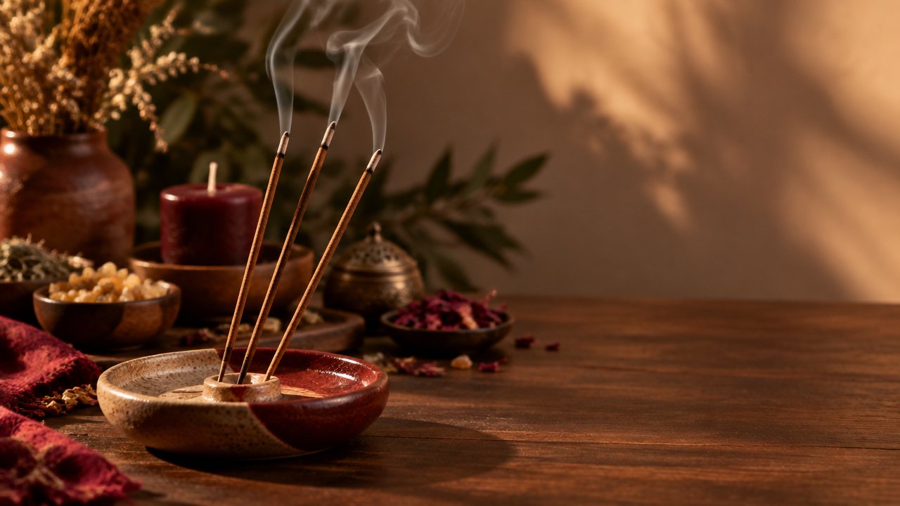 Varetas de incenso em suporte artesanal, com fumaça suave ao lado de ervas secas e resinas