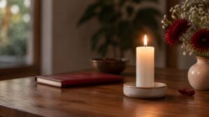 Vela branca acesa em castiçal sobre uma superfície segura, em ambiente tranquilo para reflexão espiritual