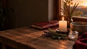 Vela, ervas, água e cristal sobre uma mesa, compondo uma cena contemplativa sobre magia branca